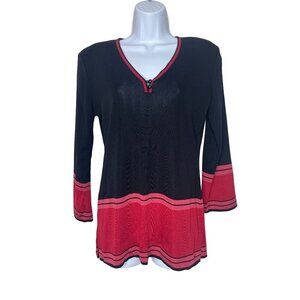 Exclusively Misook Women's Black & Red V-Neck Tunic Length Sweater Size XS